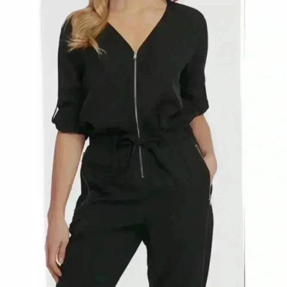 DKNY Black Zipper Pocket Drawstring Waist Roll-Tab Sleeve V Neck Jumpsuit Size 4 - Picture 3 of 16